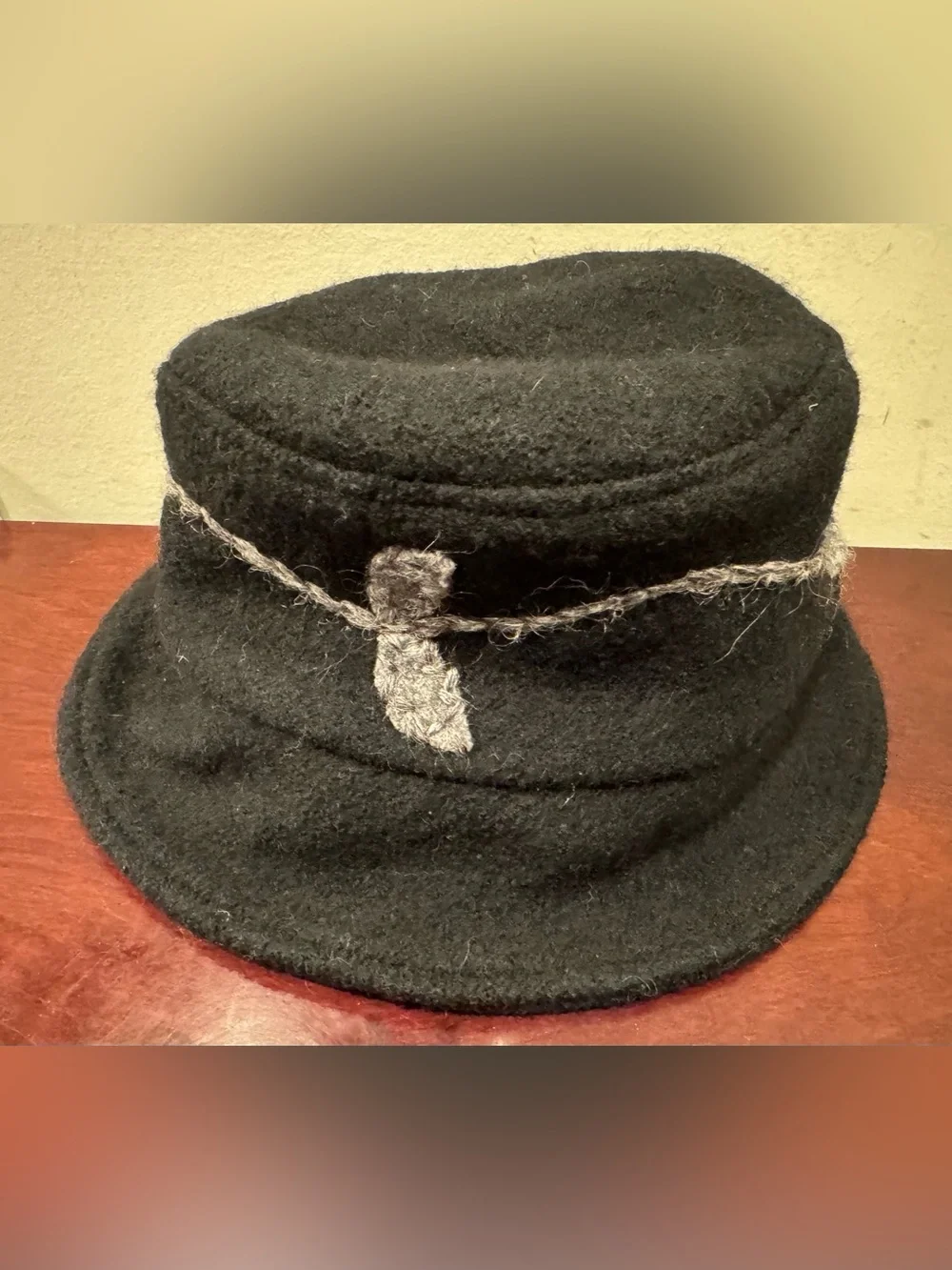 Women’s 100% Wool Black Bucket Hat with Crocheted Leaves